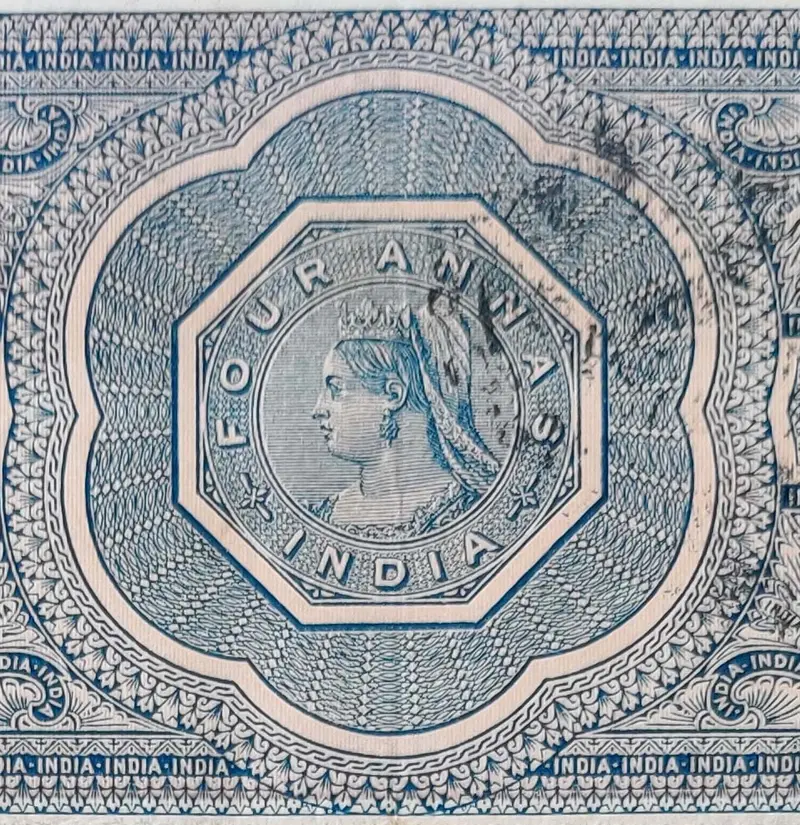 BRITISH INDIA - QUEEN VICTORIA ( QV ) - 4 Annas - Stamp Paper , Revenue , Fiscal , Court Fee - 1