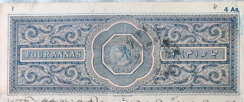 BRITISH INDIA - QUEEN VICTORIA ( QV ) - 4 Annas - Stamp Paper , Revenue , Fiscal , Court Fee - 1