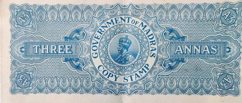 BRITISH INDIA - KING GEORGE V ( KG V) - MADRAS 3 Annas Watermark MADRAS COPY - Stamp Paper , Revenue , Fiscal , Court Fee - 1