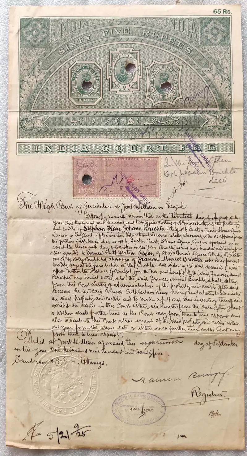 BRITISH INDIA - KING GEORGE V ( KG V) - 65 Rupees  - Stamp Paper , Bond Paper , Revenue , Fiscal , COURT FEE - 1