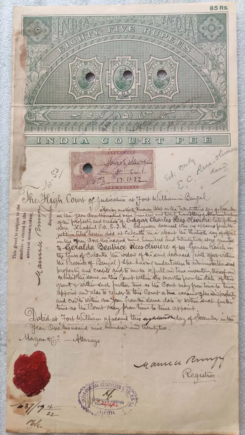 BRITISH INDIA - KING GEORGE V ( KG V) - 85 Rupees  - Stamp Paper , Bond Paper , Revenue , Fiscal , COURT FEE - 1