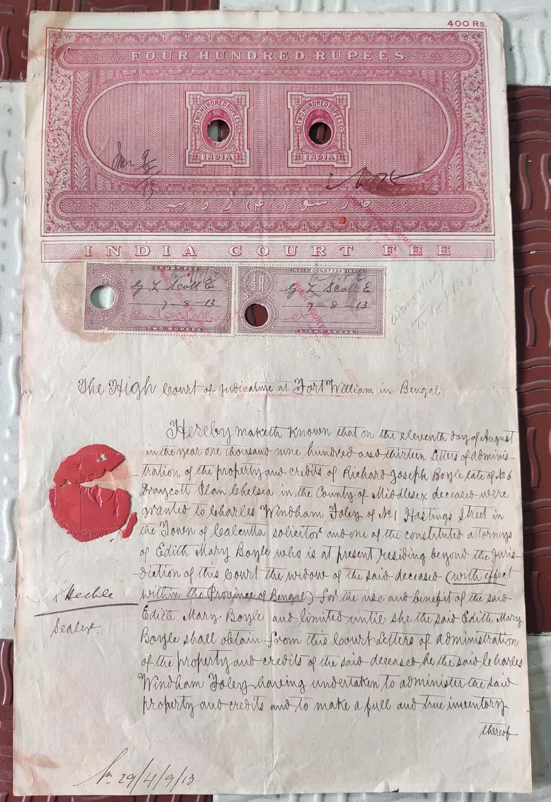 BRITISH INDIA - KING EDWARD VII ( KE VII ) - 400 Rupees ( HIGH VALUE ) - Stamp Paper , Bond Paper , Revenue , Fiscal , COURT FEE - 1