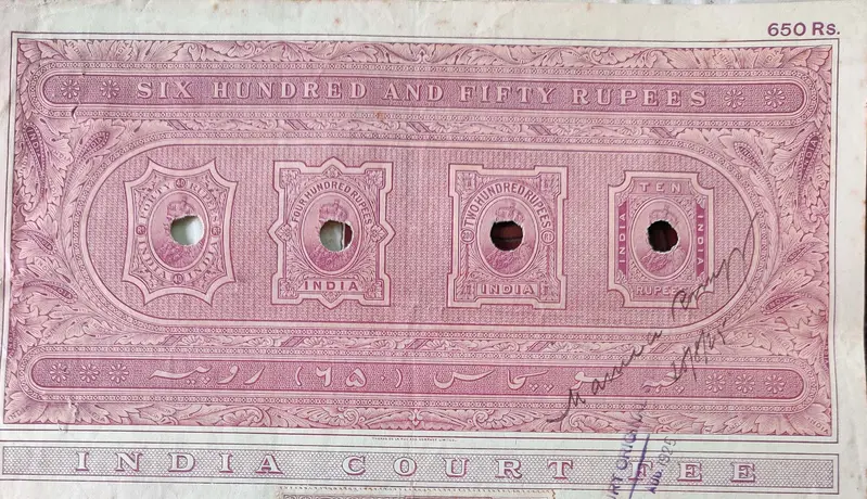 BRITISH INDIA - KING GEORGE V ( KG V ) - 650 Rupees ( HIGH VALUE ) - Stamp Paper , Bond Paper , Revenue , Fiscal , COURT FEE - 1