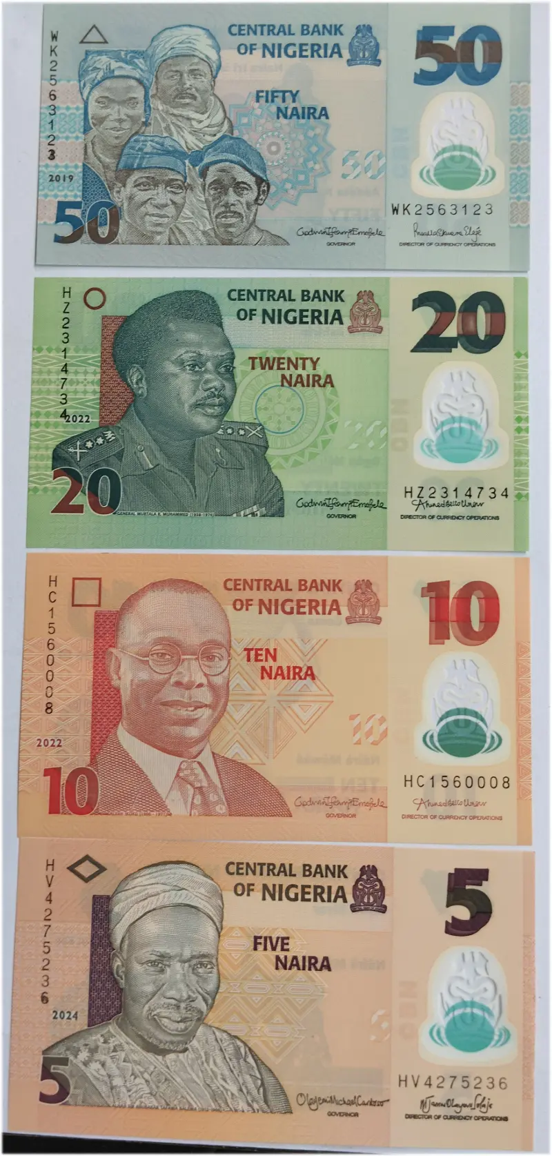 NIGERIA - 5 , 10 , 20 & 50 NAIRAS - 4 x DIFFERENT NOTES SET - POLYMER NOTE - UNC & MINT CONDITION - 1