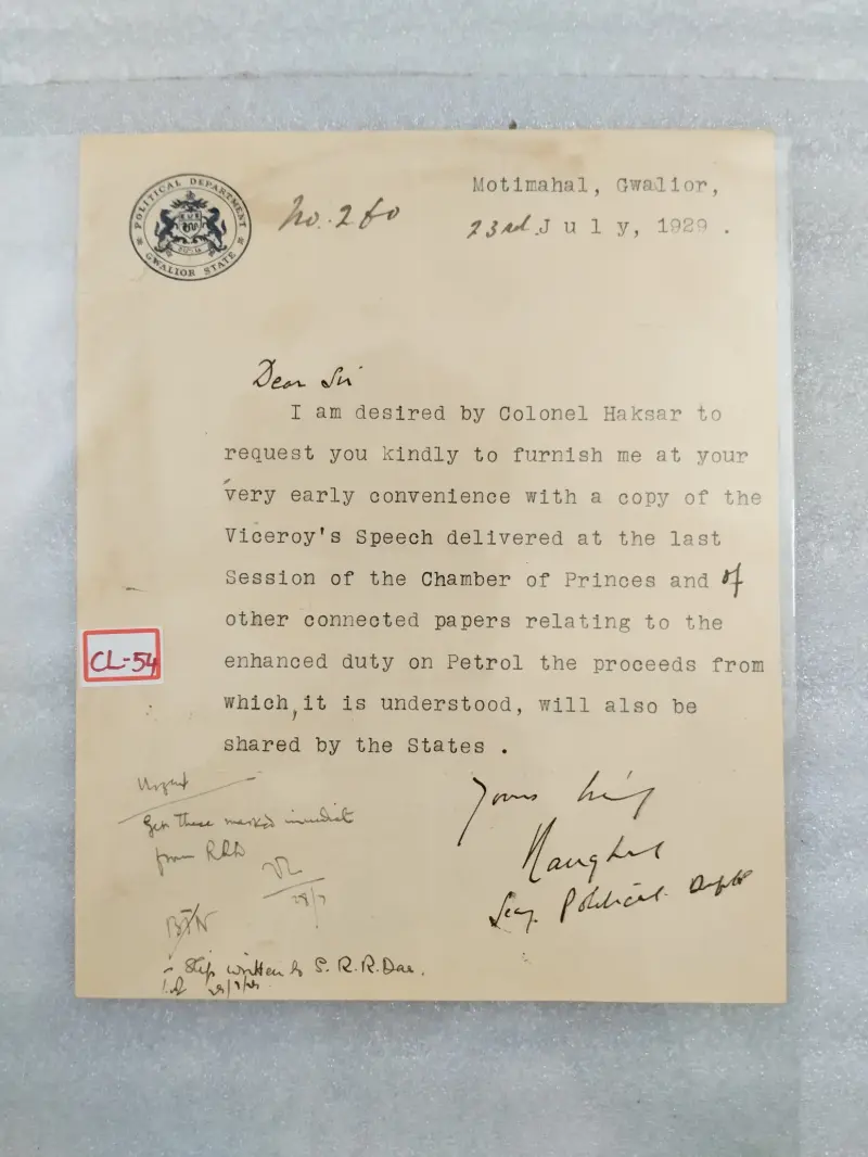 GWALIOR STATE - 1929 - CREST LETTER - (cl- 54) - 1