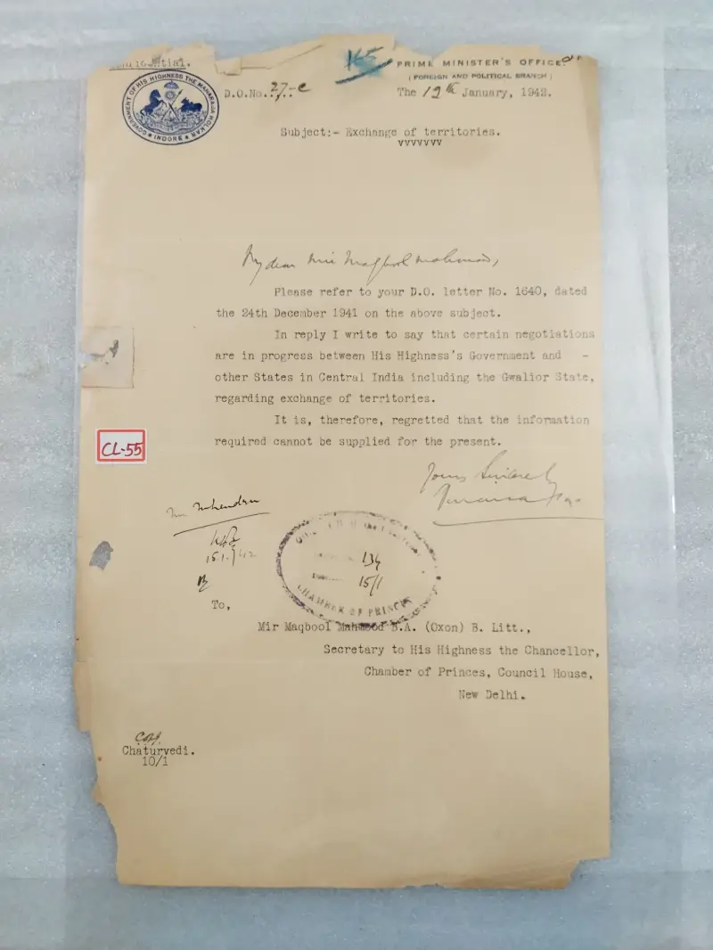 INDORE STATE - 1942 - CREST LETTER - (cl-55) - 1