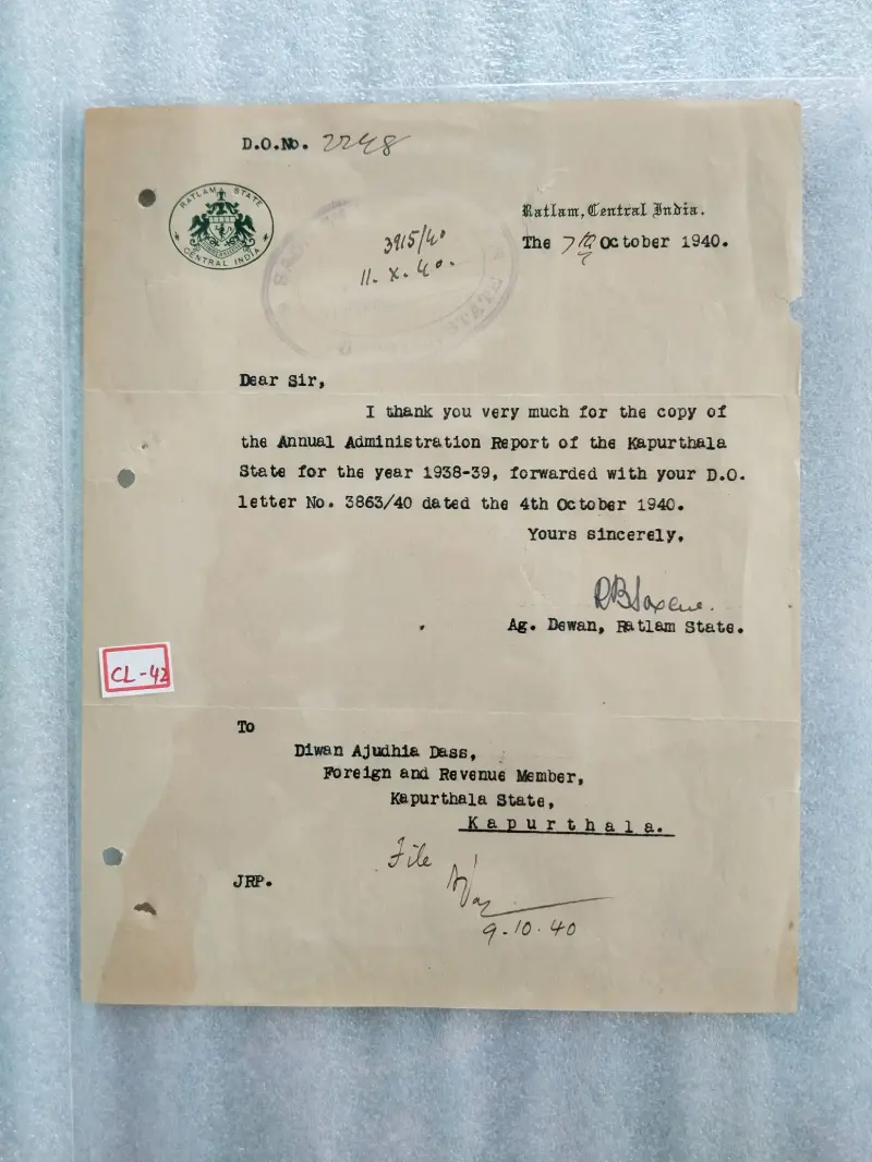 RATLAM STATE - 1940 - CREST LETTER (cl - 42) - 1