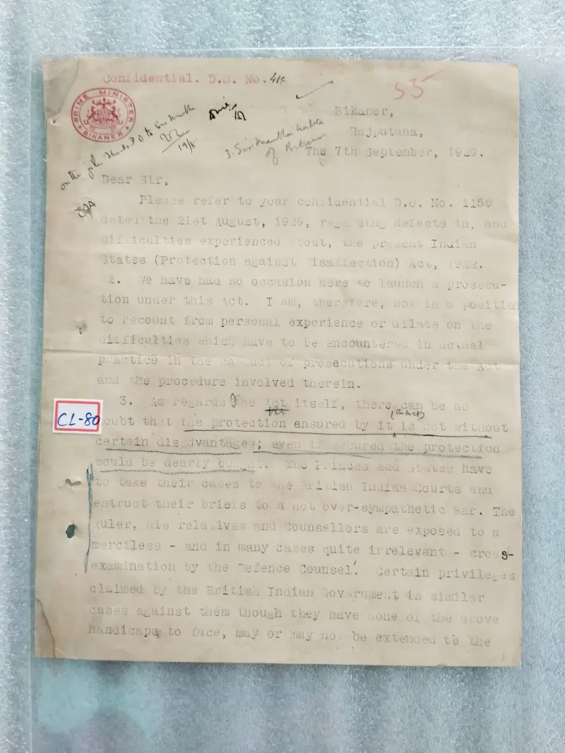 BIKANER STATE - 1929 - CREST LETTER - (cl - 80) - 1