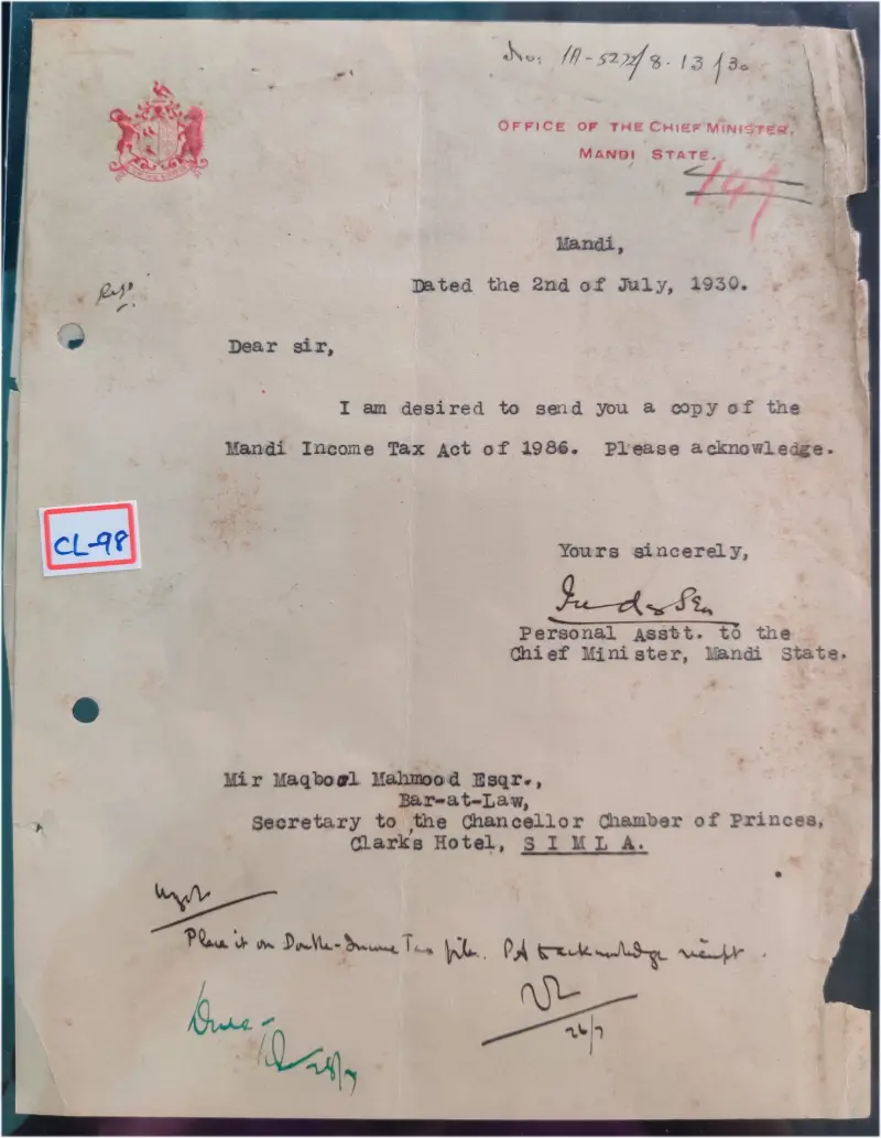 MANDI STATE - 1930 - CREST LETTER - (cl - 98) - 1