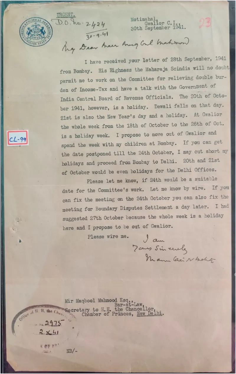 GWALIOR STATE - 1941 - CREST LETTER (cl - 99) - 1