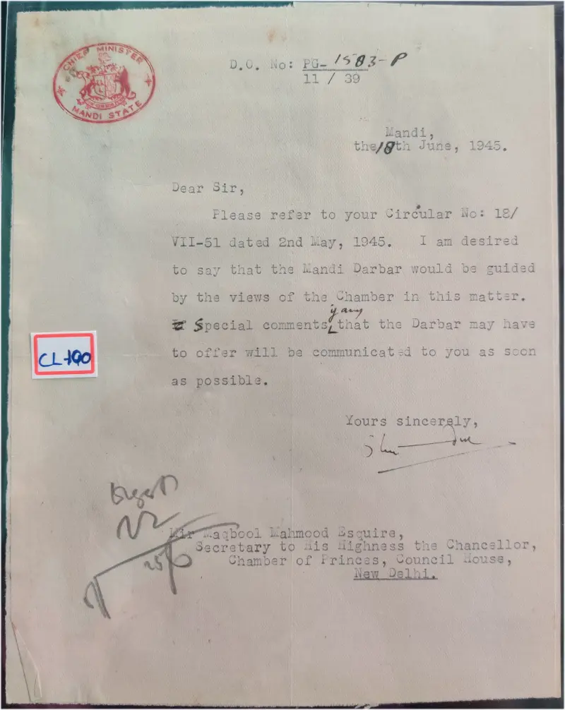 MANDI  STATE - 1945 - CREST LETTER - (cl - 100) - 1