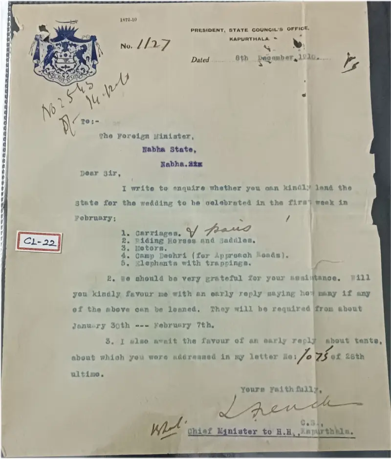 KAPURTHALA  STATE - 1910 - CREST LETTER (cl - 22) - 1