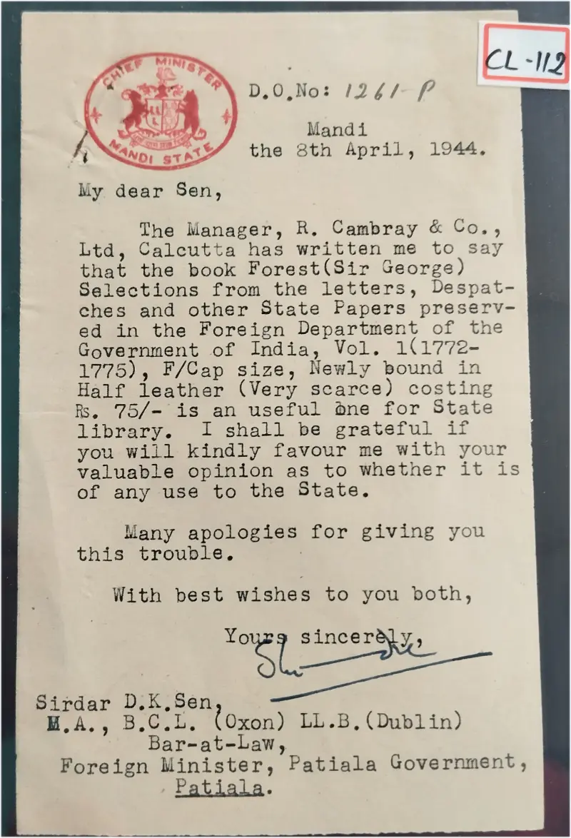 MANDI  STATE - 1944 - CREST LETTER - (cl - 112) - 1