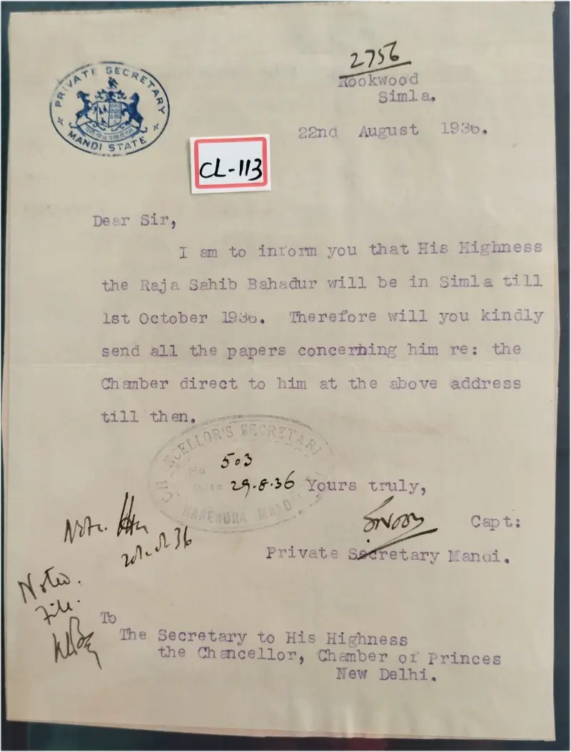 MANDI STATE - 1936 - CREST LETTER - (cl - 113) - 1