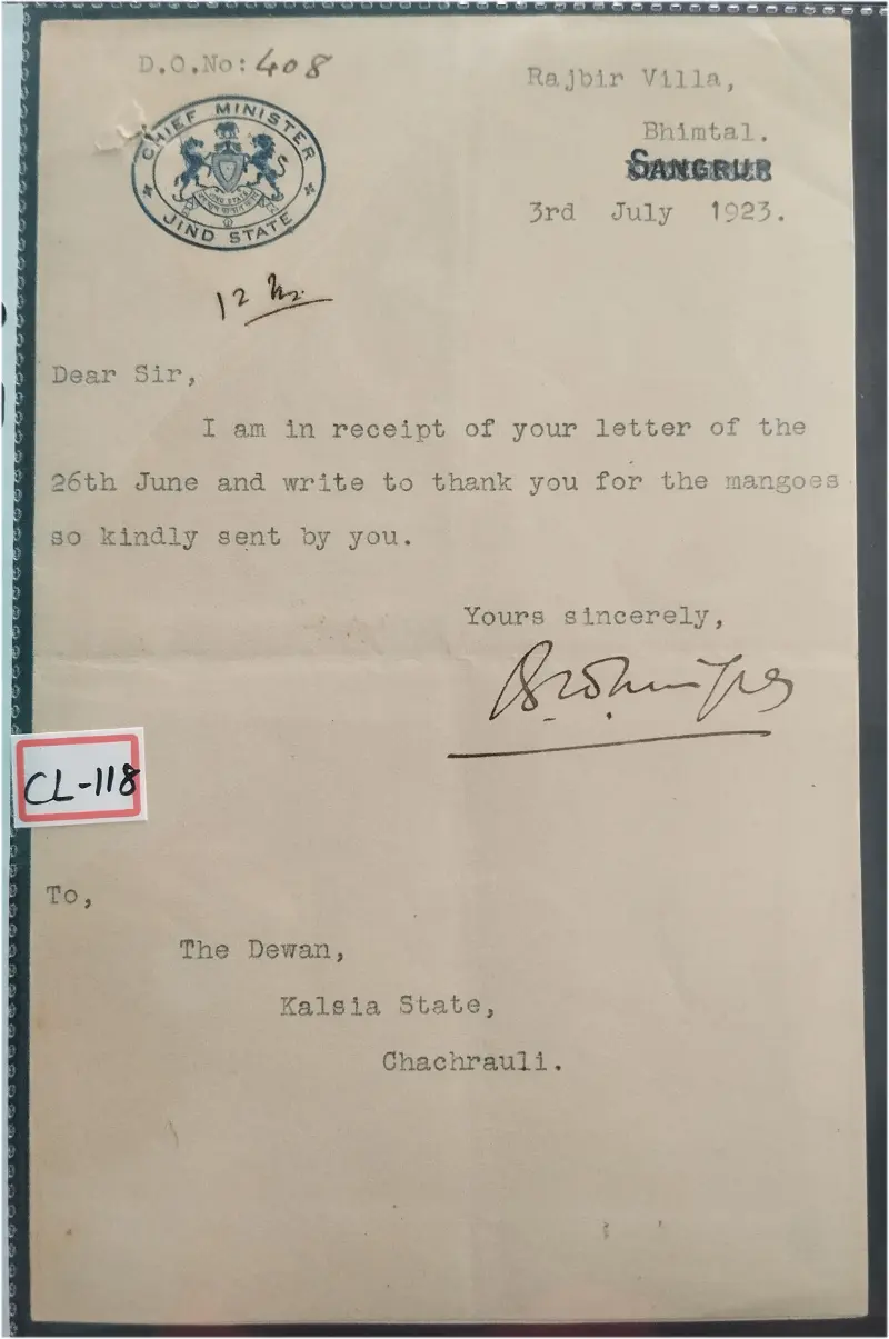 JIND STATE -  SANGRUR - 1923 - CREST LETTER - (cl - 118) - 1