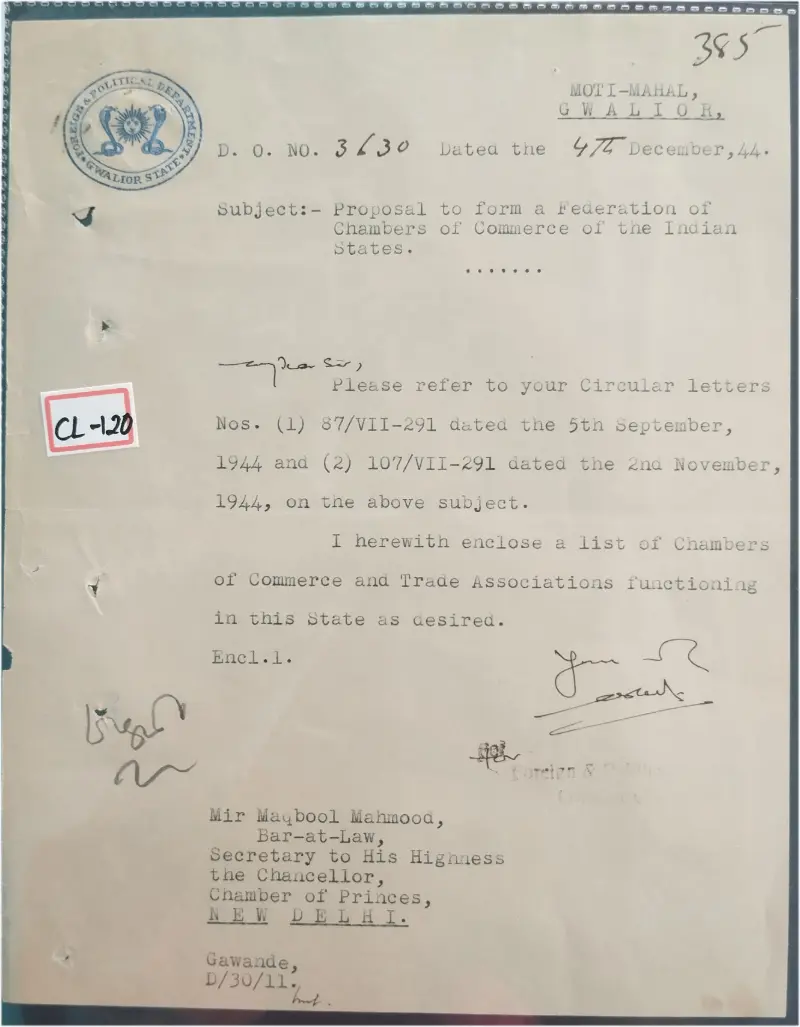 GWALIOR STATE - 1944 - CREST LETTER - (cl - 120) - 1