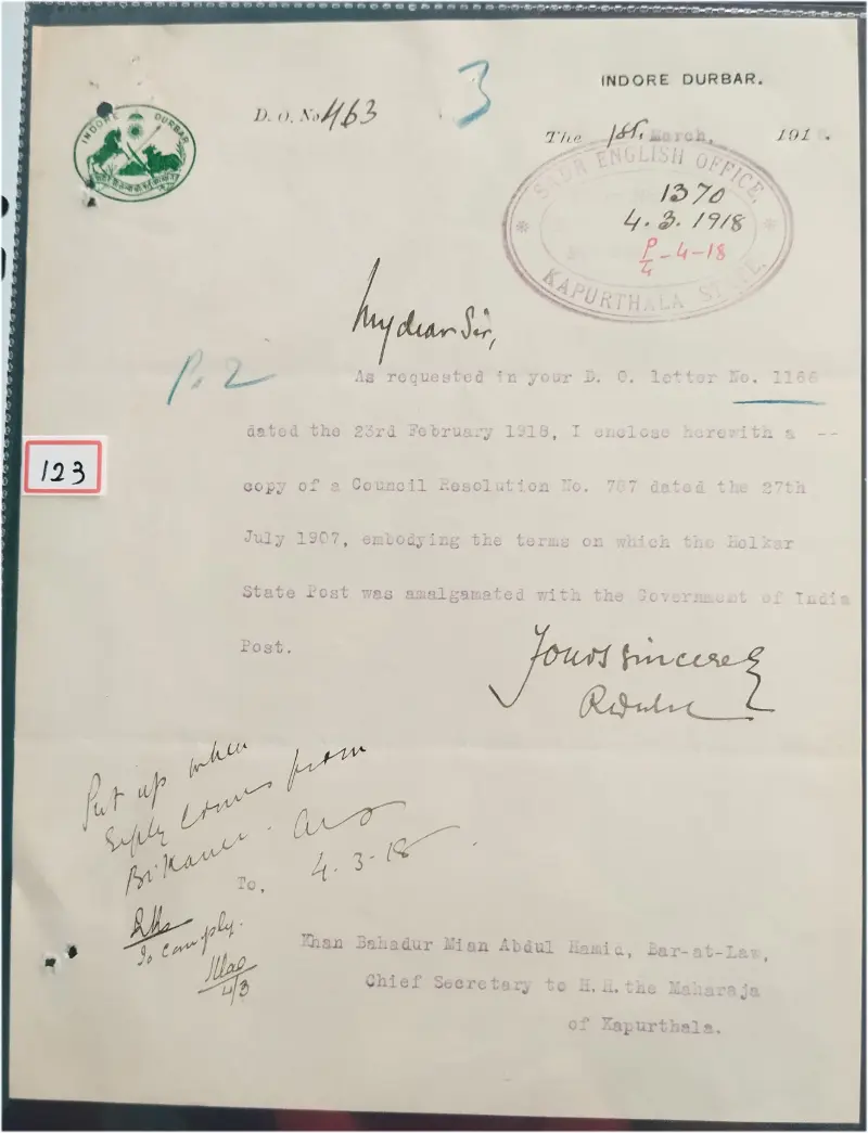INDORE STATE - 1918 - CREST LETTER - (cl - 123) - 1