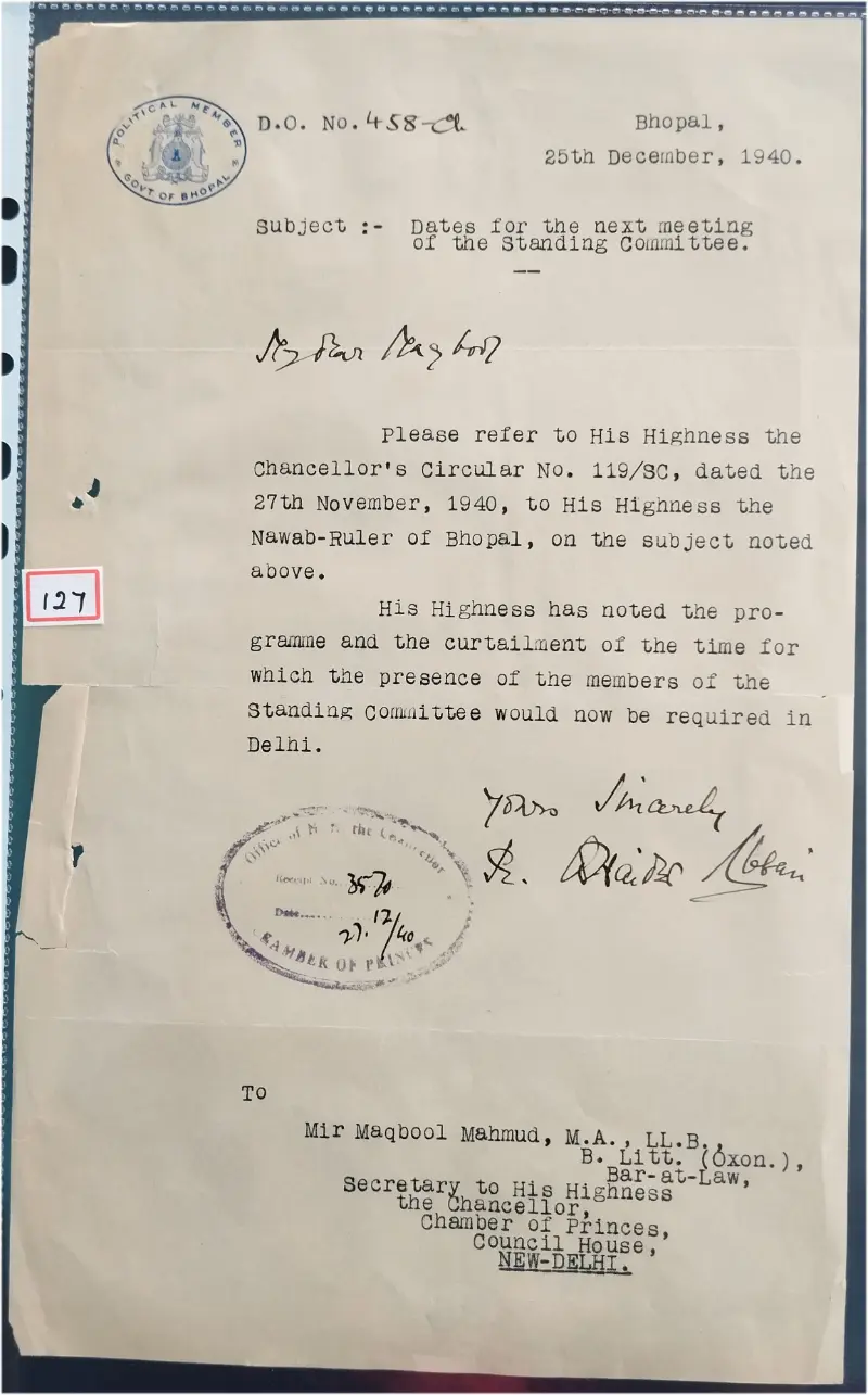 BHOPAL STATE - 1940 - CREST LETTER - (cl - 127) - 1