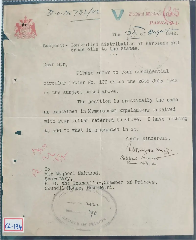 PANNA STATE - 1942 - CREST LETTER - (cl - 134) - 1