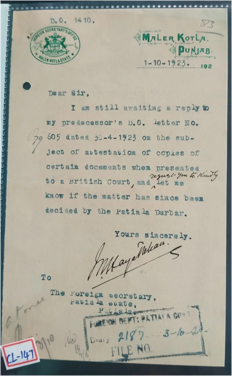 MALER KOTLA - PUNJAB - 1923 - CREST LETTER - (cl - 147) - 1