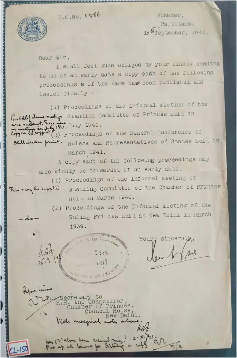 BIKANER STATE - RAJPUTANA - 1941 - CREST LETTER - (cl - 150) - 1