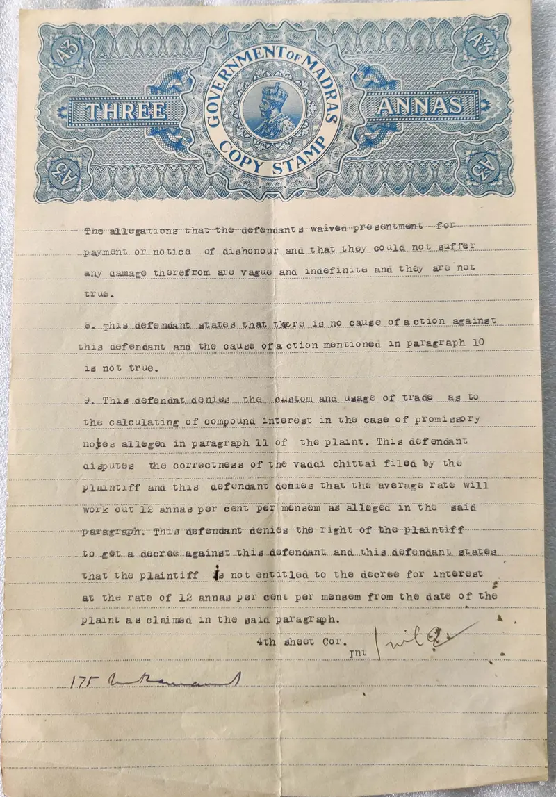 BRITISH INDIA - KING GEORGE V ( KG V) - MADRAS 3 Annas Watermark MADRAS COPY - Stamp Paper , Revenue , Fiscal , Court Fee - 1