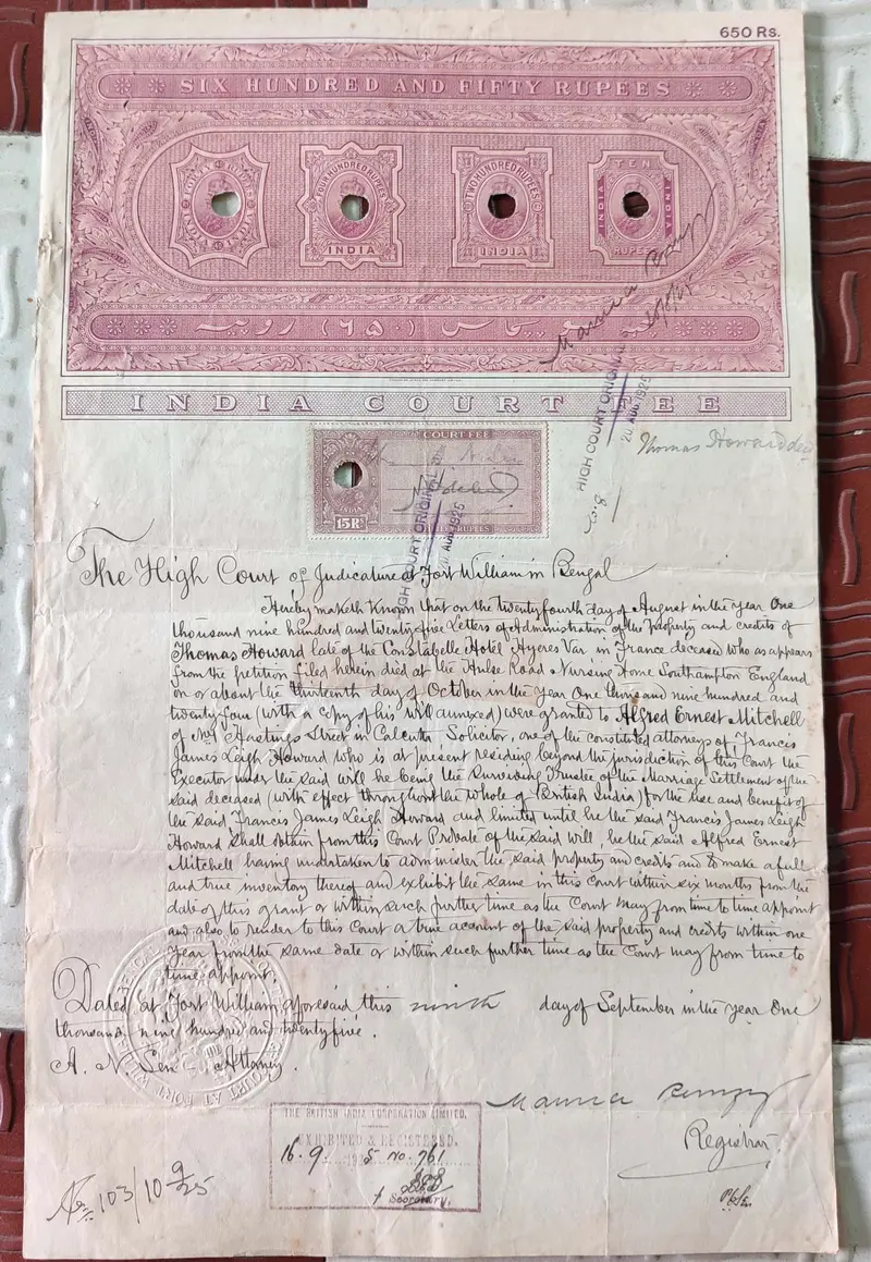 BRITISH INDIA - KING GEORGE V ( KG V ) - 650 Rupees ( HIGH VALUE ) - Stamp Paper , Bond Paper , Revenue , Fiscal , COURT FEE - 1