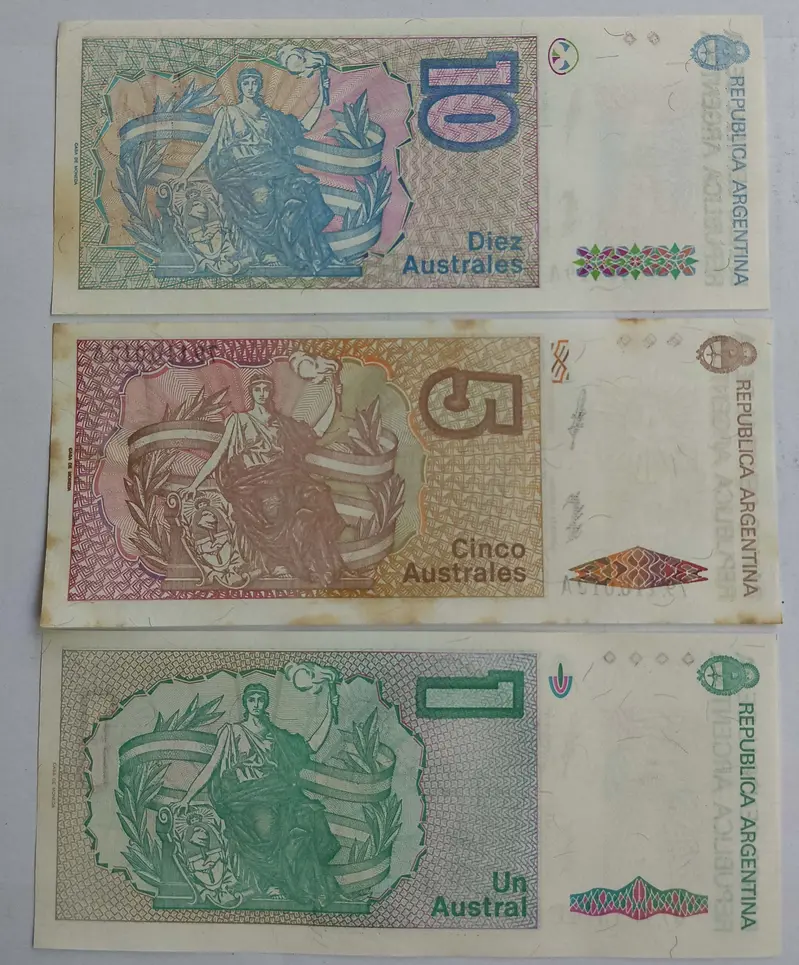 ARGENTINA - 1 , 5 & 10 AUSTRALES OLD ISSUE  - UNC & MINT CONDITION ( SOME STAIN ) - 3 X DIFFERENT SET - 1
