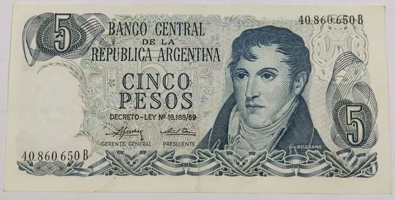 ARGENTINA - 5  PESOS LEY - UNC & MINT CONDITION  ( 1974 ) - 1