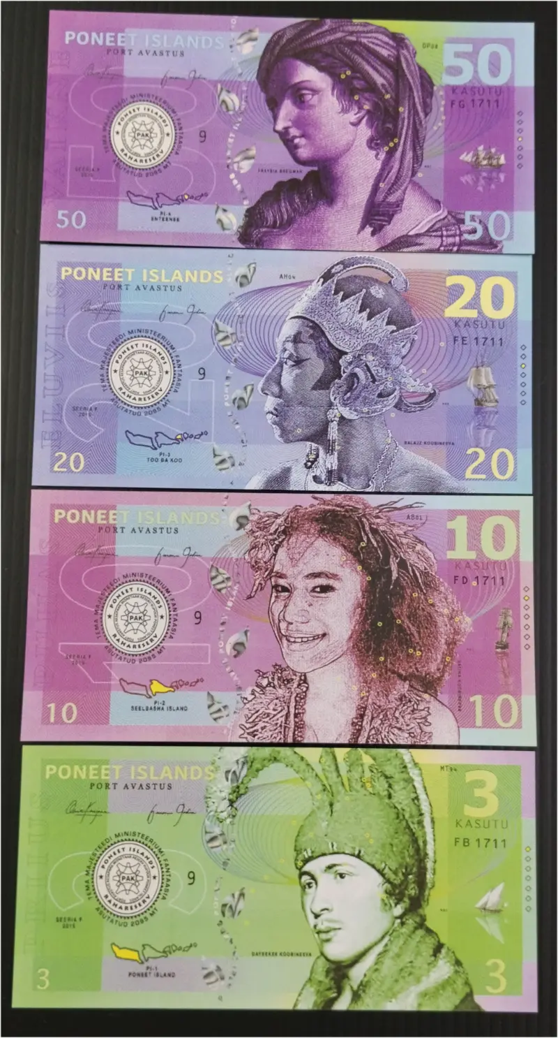 PONEET ISLAND - FANTASY 4 x DIFFERENT NOTE SET - UNC MINT CONDITION - 1