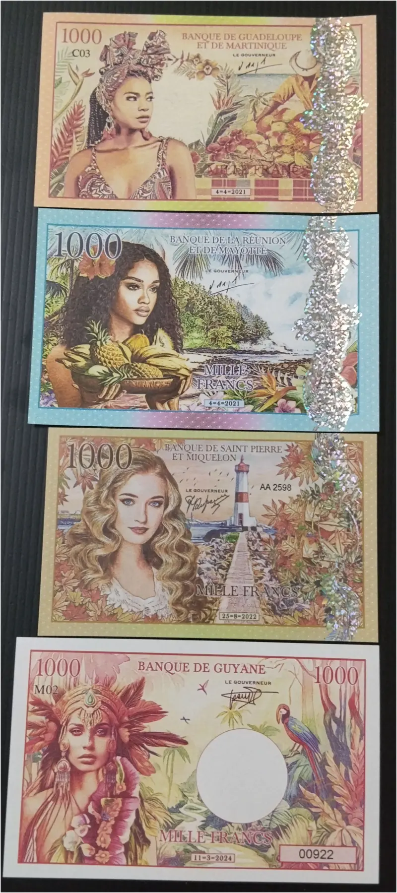 FRENCH TERRITORIES - 4 x DIFFERENT NOTE SET - UNC MINT CONDITION - 1