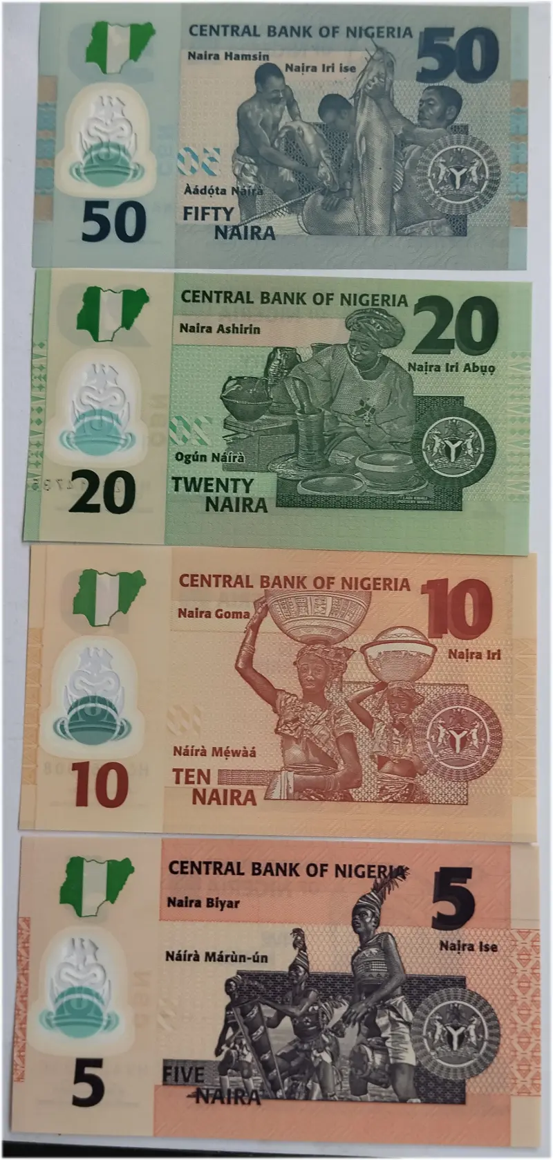 NIGERIA - 5 , 10 , 20 & 50 NAIRAS - 4 x DIFFERENT NOTES SET - POLYMER NOTE - UNC & MINT CONDITION - 1