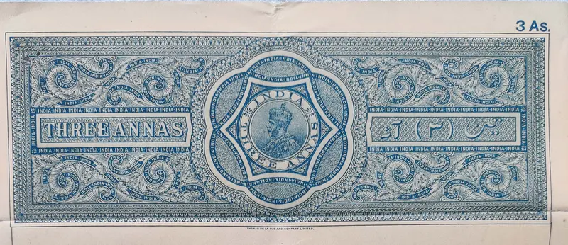 BRITISH INDIA - KING GEORGE V ( KG V) - 3 Annas Watermark type 1 - Stamp Paper , Revenue , Fiscal , Court Fee - 1