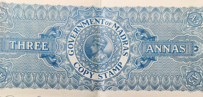 BRITISH INDIA - KING GEORGE VI ( KG VI) - 3 Annas.  MADRAS - Stamp Paper , Bond Paper , Revenue , Fiscal , Court Fee - 1