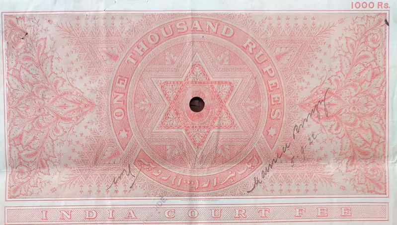 BRITISH INDIA - KING GEORGE V ( KG V ) - 1000 Rupees ( HIGH VALUE ) - Stamp Paper , Bond Paper , Revenue , Fiscal , COURT FEE - 1