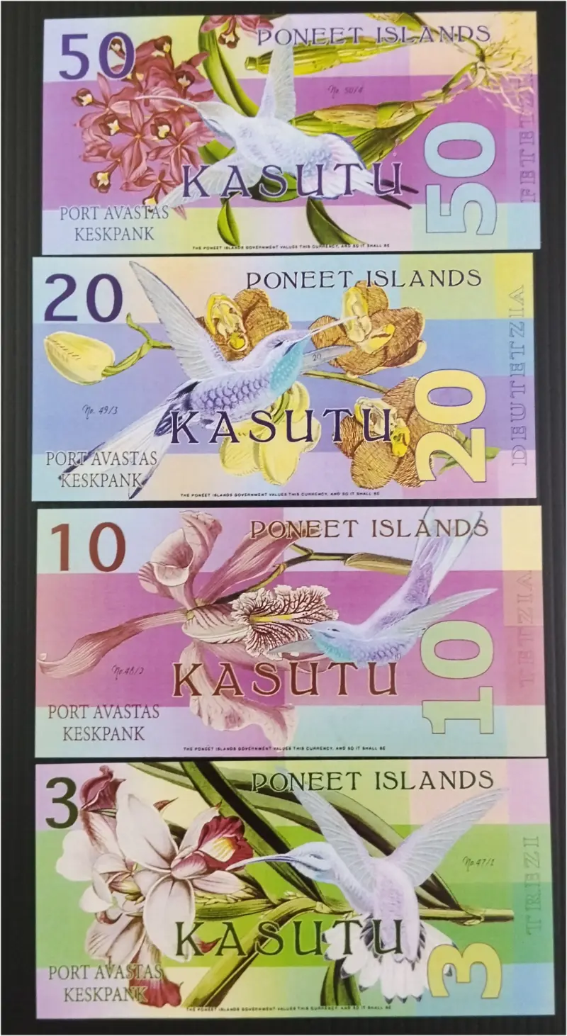 PONEET ISLAND - FANTASY 4 x DIFFERENT NOTE SET - UNC MINT CONDITION - 1